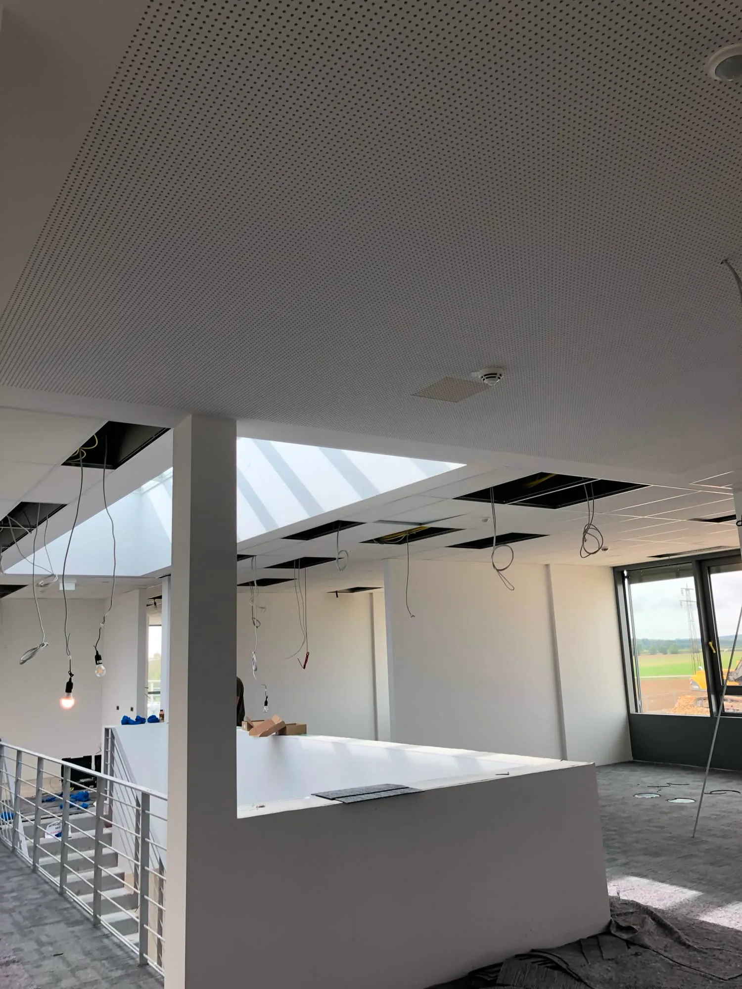 Akustikdecke und Rasterdecke in einem Büroneubau mit Panoramafenstern